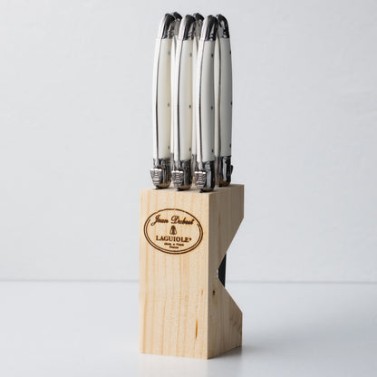 White Laguiole Steak Knife Set in Wood Block (6 piece)