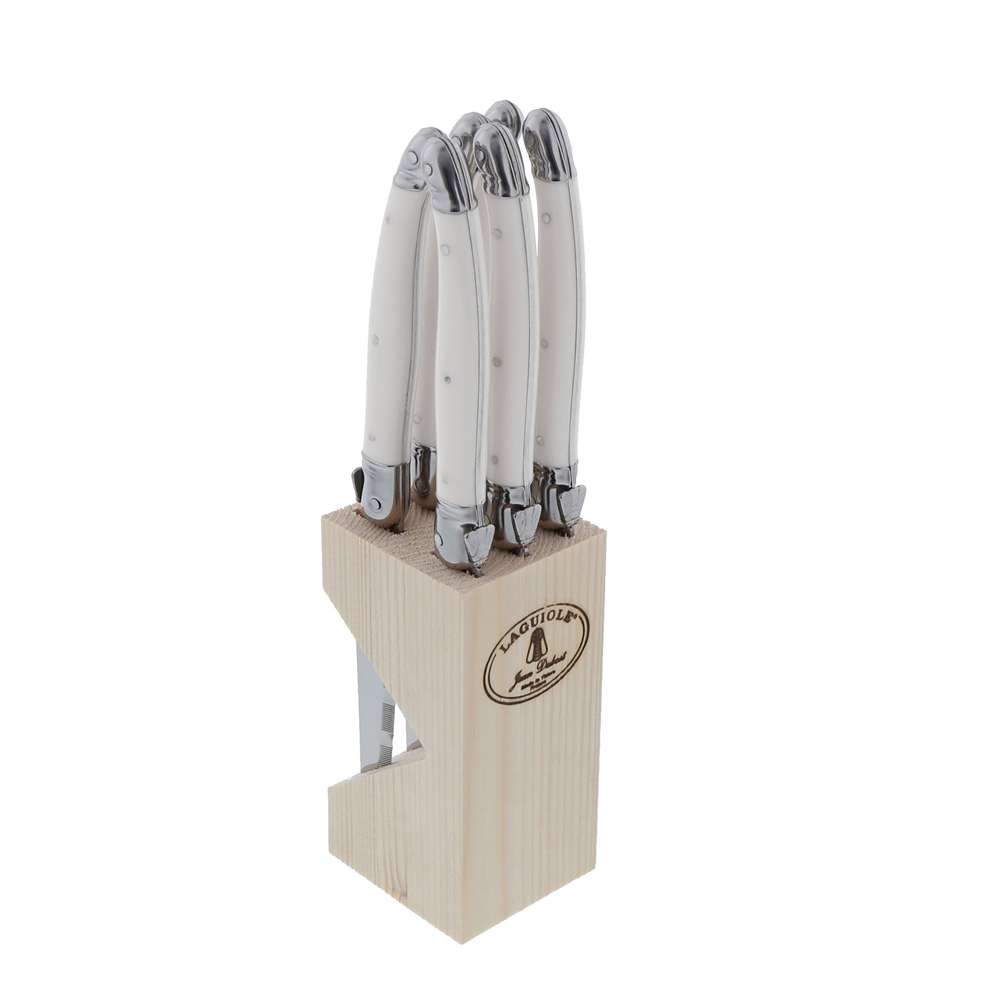 White Laguiole Steak Knife Set in Wood Block (6 piece)