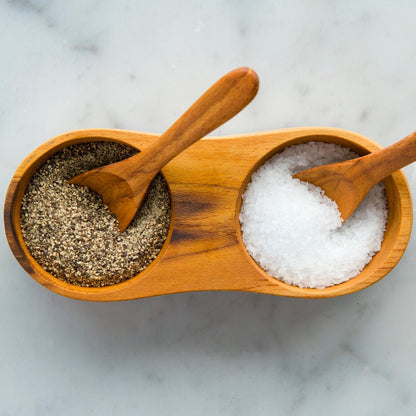 Teak Salt and Pepper Bowl Set with Spoons