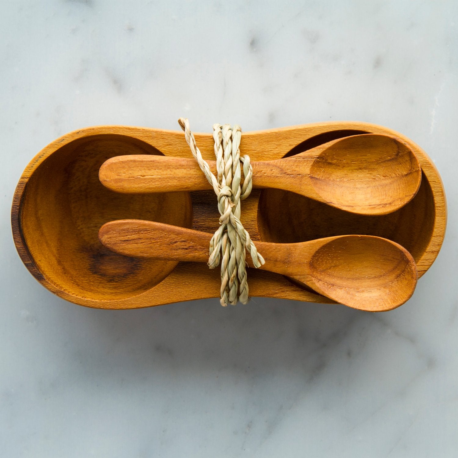 Teak Salt and Pepper Bowl Set with Spoons