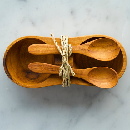 Teak Salt and Pepper Bowl Set with Spoons