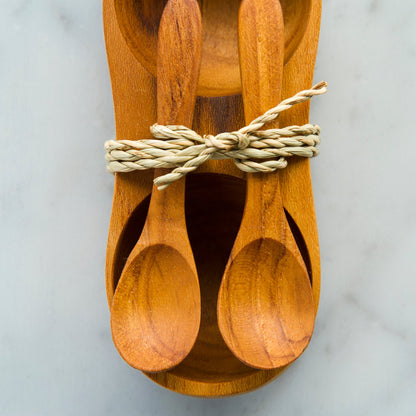 Teak Salt and Pepper Bowl Set with Spoons