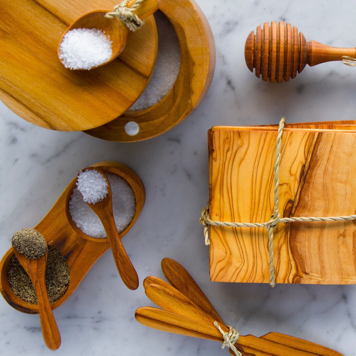 Teak Salt and Pepper Bowl Set with Spoons